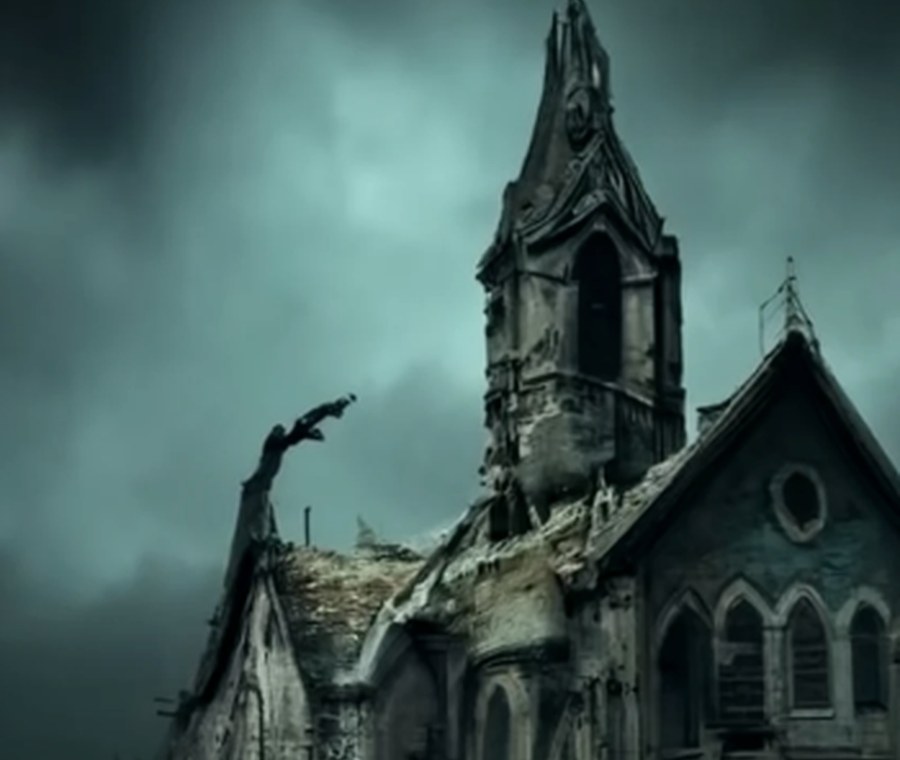 The abandoned church in Rustwater beneath a storm-dark sky